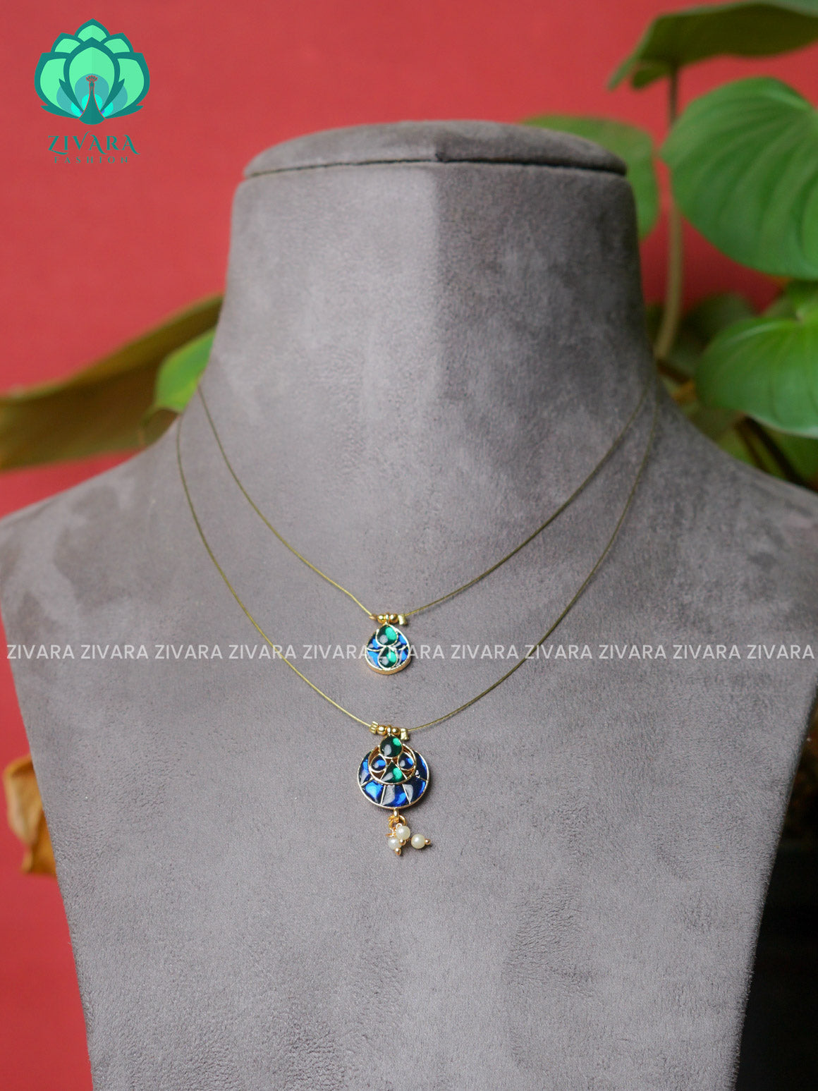 BLUE - TAMARA- STEP TEAR  INVISIBLE MINIMAL ELEGANT HANDMADE NECKLACE WITH BRILLIANT FINISH MOTIFS- ZIVARA FASHION