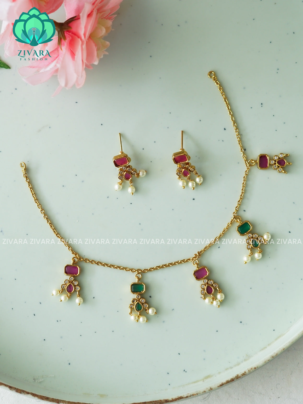 RUBY GREEN BOX MOTIF - FLEXIBLE CHAIN WITH HANGINGS -Traditional south indian premium neckwear with earrings- Zivara Fashion- latest jewellery design