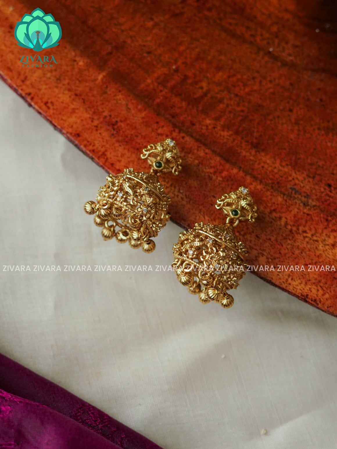 GOLD LOOK ALIKE BRIDAL TEMPLE TRADITIONAL PREMIUM MATTE  polish JHUMKA- latest jewellery collection- zivara fashion