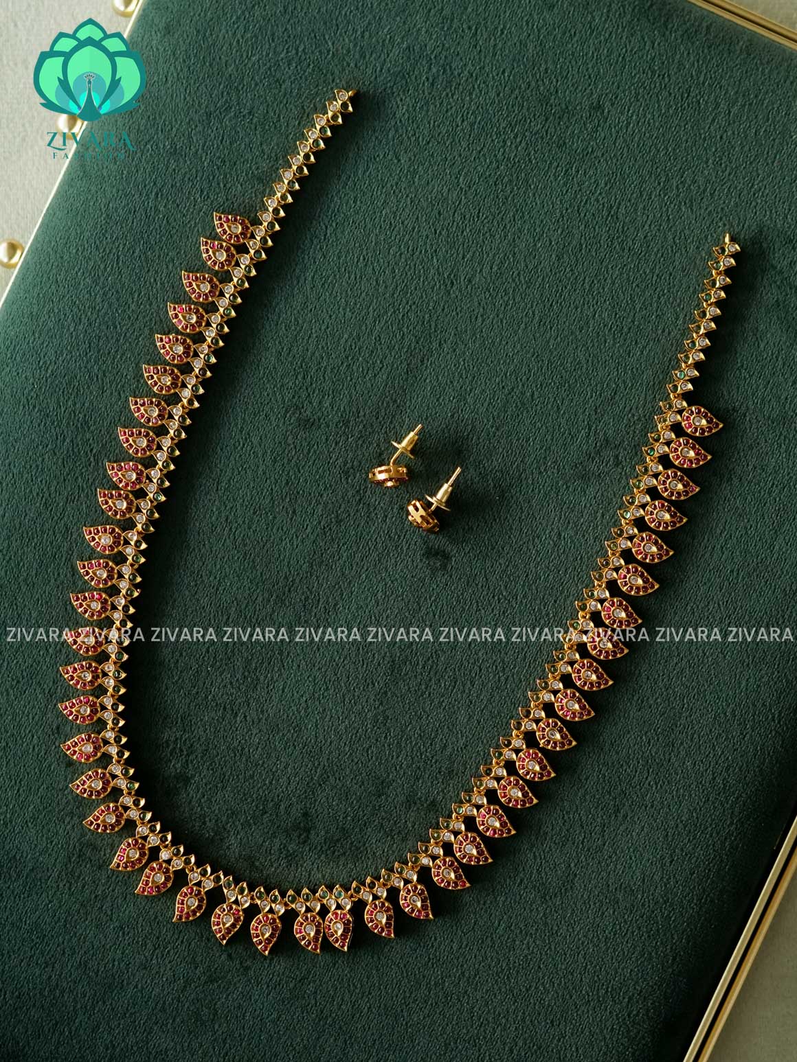 RUBY GREEN STONE MANGO   - Traditional PREMIUM MATTE polish MIDCHEST haaram/neckwear with earrings- Zivara Fashion