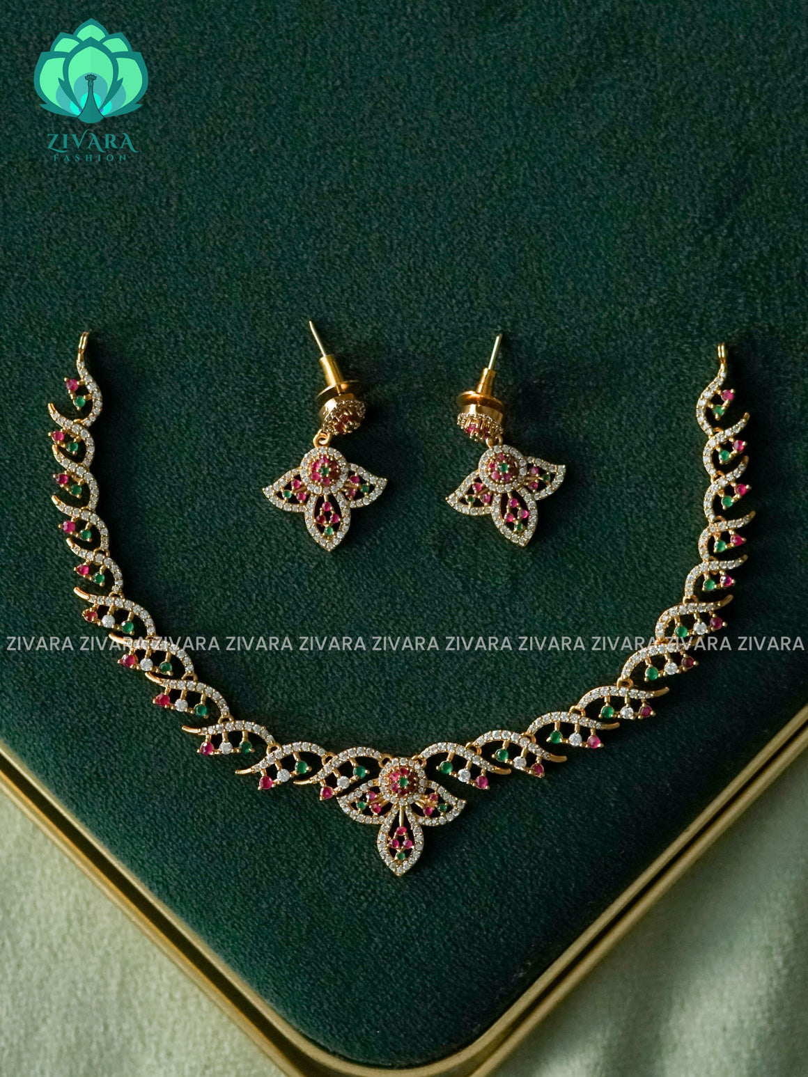 Kanya - WHITE RUBY GREEN DIAMOND REPLICA NECKWEAR -  stylish and minimal elegant neckwear with earrings- Zivara Fashion