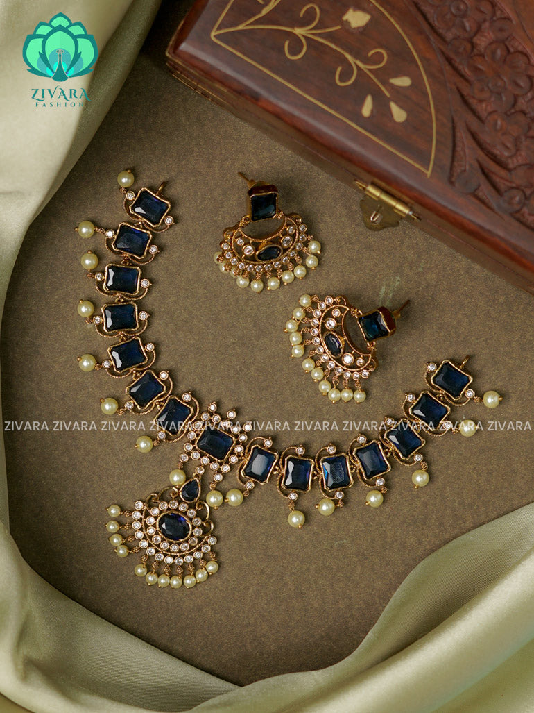 BLUE  BOX MOTIF  -TRADITIONAL CHOKER COLLECTION WITH EARRINGS- LATEST JEWELLERY COLLECTION