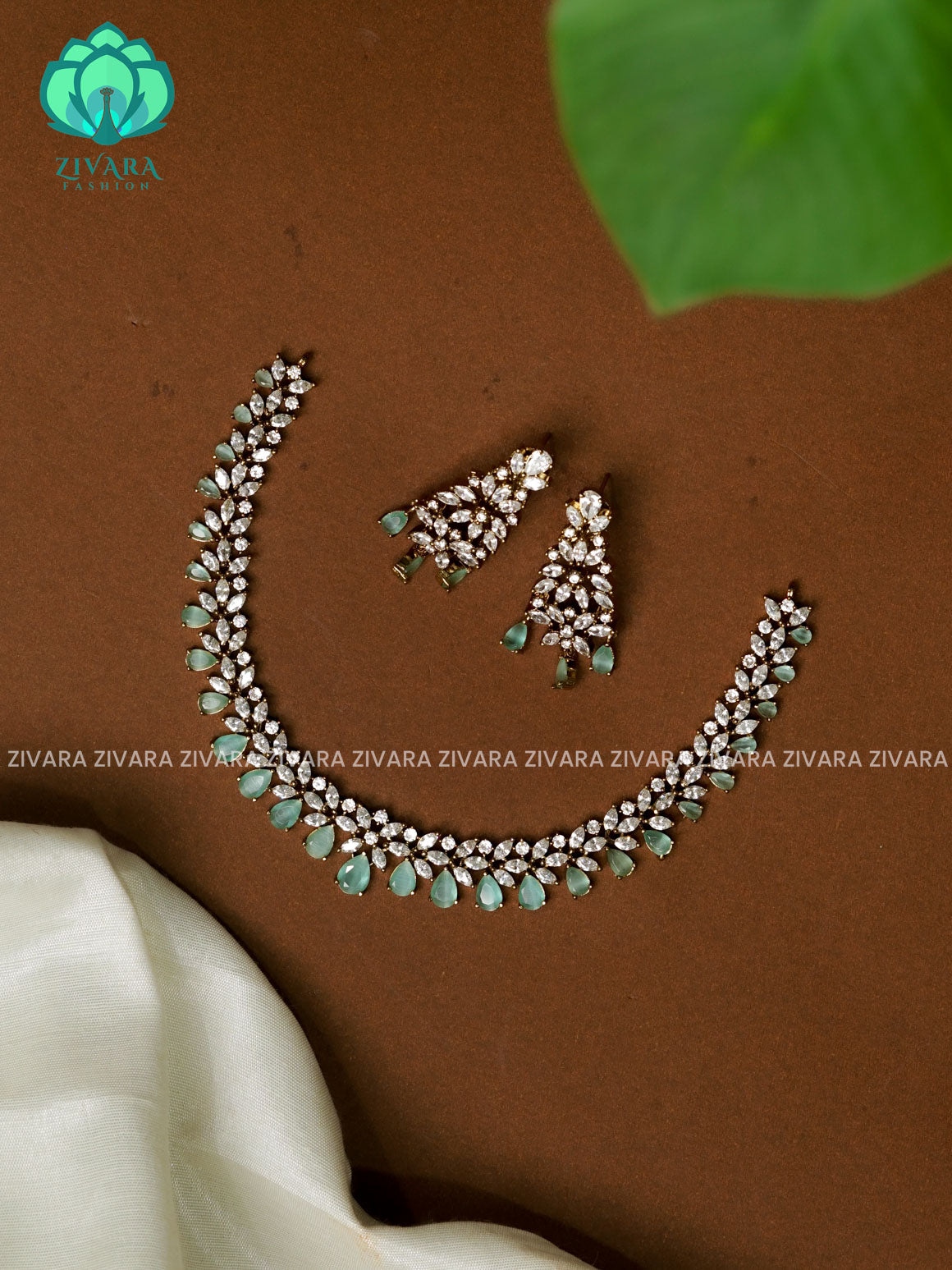 PASTEL GREEN- MINIMAL SUBTLE GOLD FINISH  elegant neckwear with earrings- Zivara Fashion