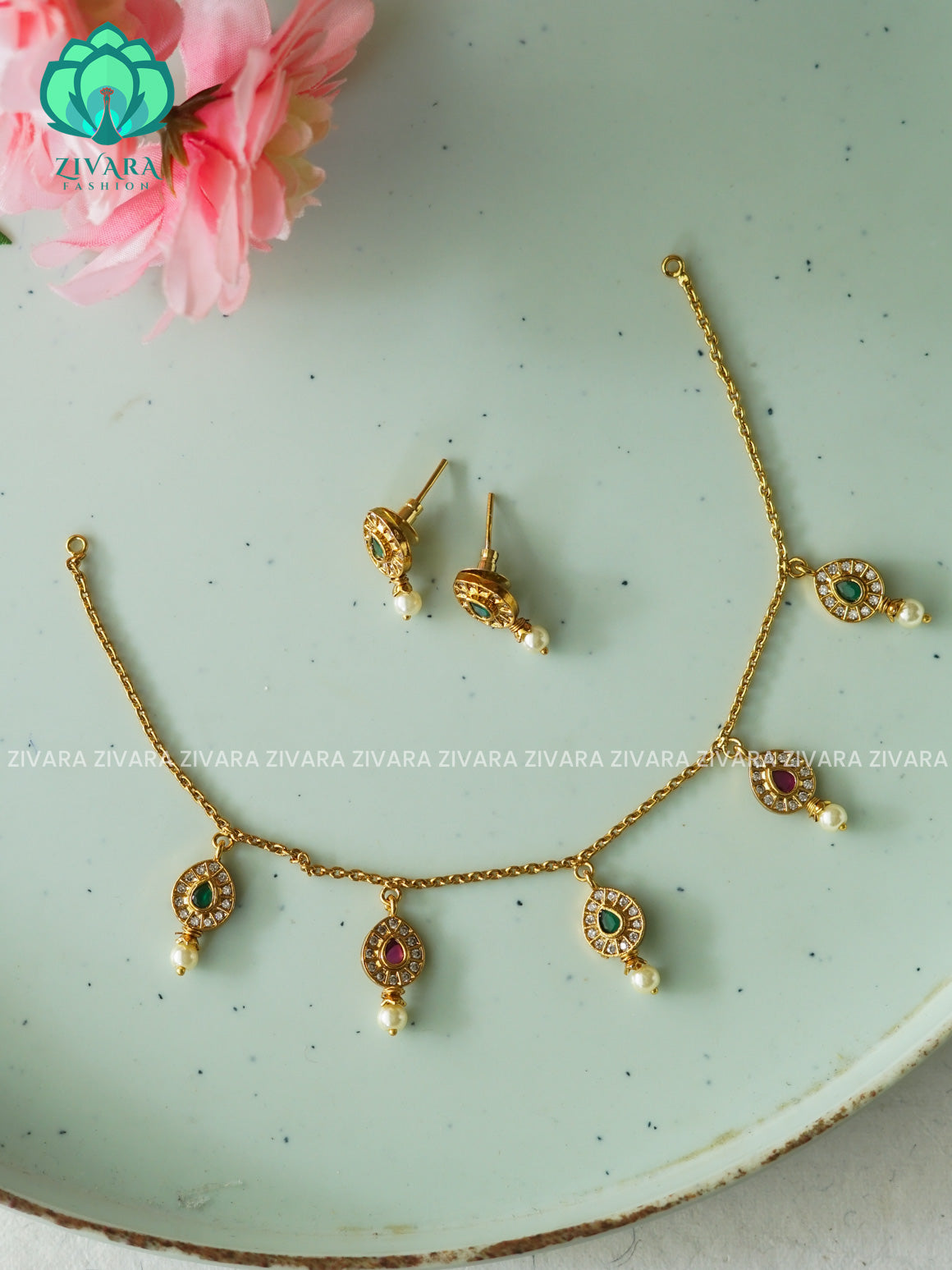 RUBY GREEN TEAR MOTIF - FLEXIBLE CHAIN WITH HANGINGS -Traditional south indian premium neckwear with earrings- Zivara Fashion- latest jewellery design