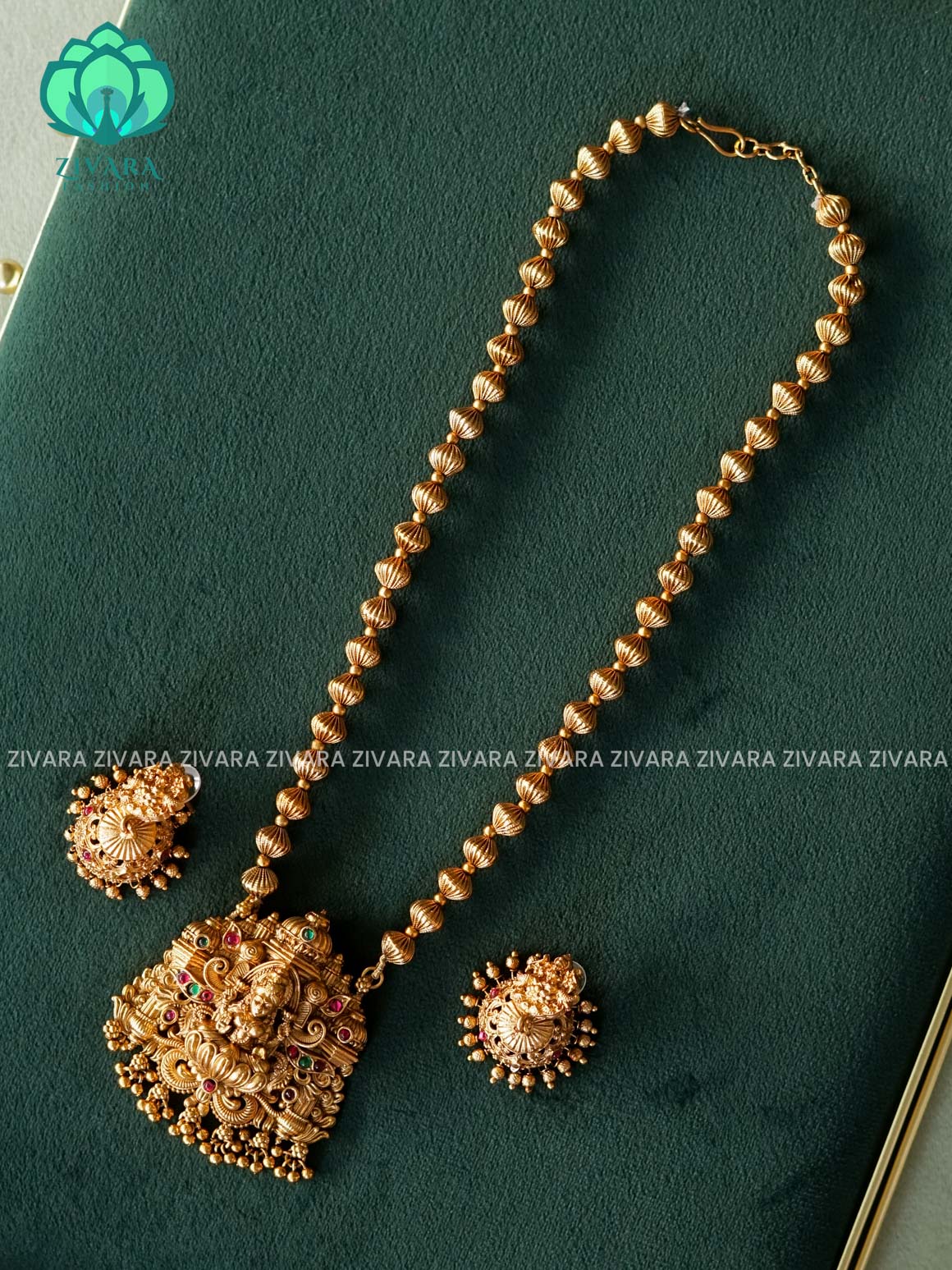 VISHALI GOLD BALL AND TEMPLE PENDANT BALL CHAIN - Traditional NORMAL MATTE polish MIDCHEST haaram/neckwear with earrings- Zivara Fashion
