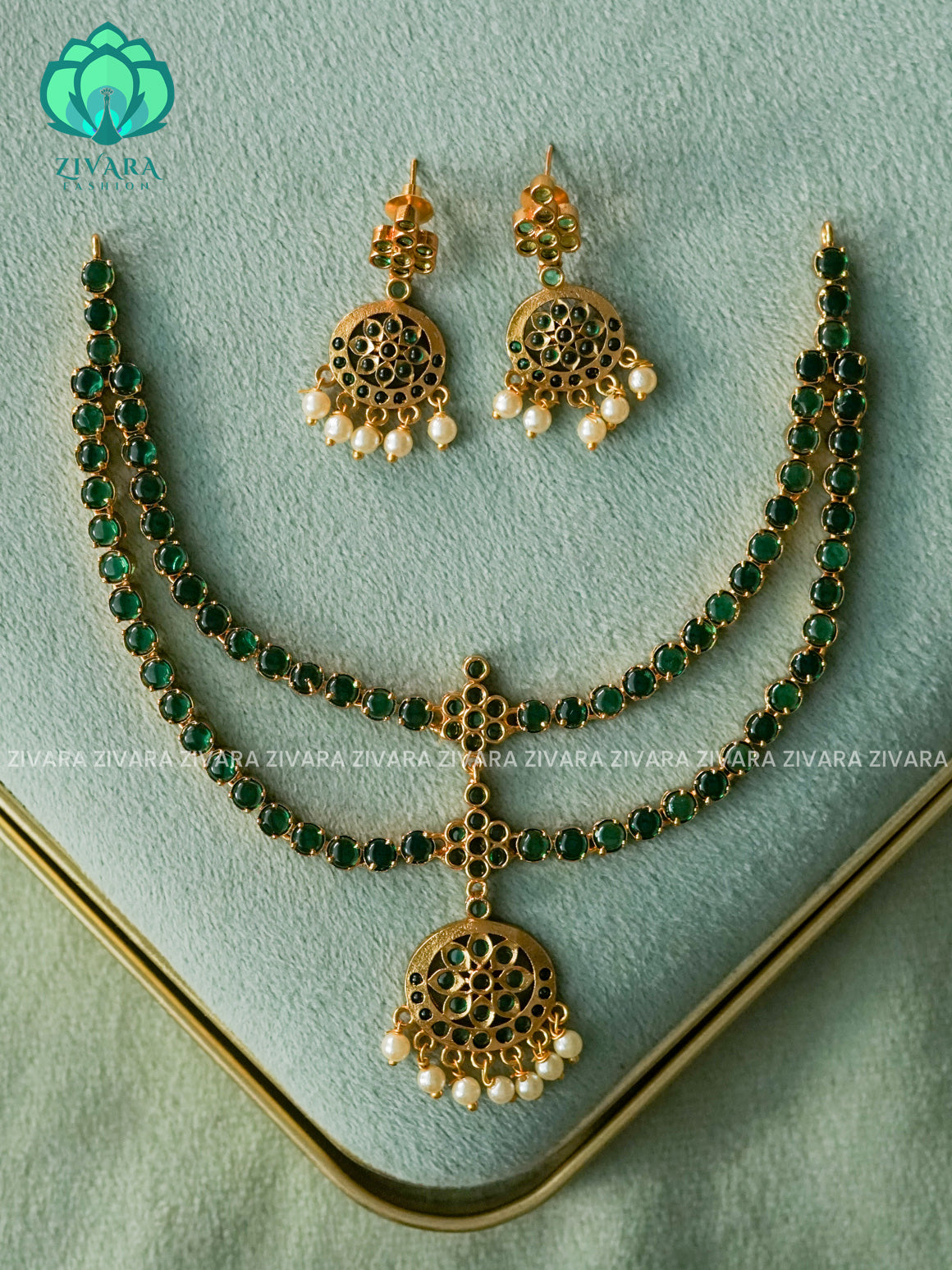 EVERGREEN STEP MATTE FINISH GREEN  stone attigai-Traditional south indian premium neckwear - Zivara Fashion- latest jewellery design