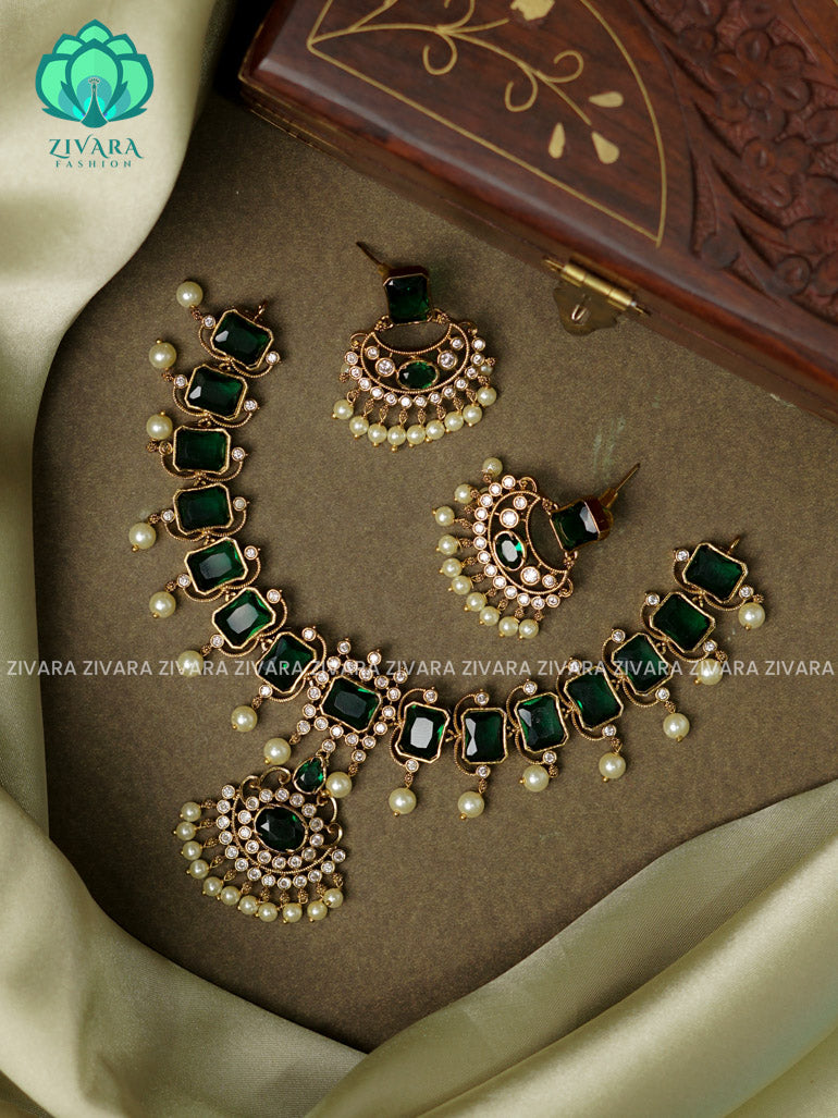 GREEN  BOX MOTIF  -TRADITIONAL CHOKER COLLECTION WITH EARRINGS- LATEST JEWELLERY COLLECTION