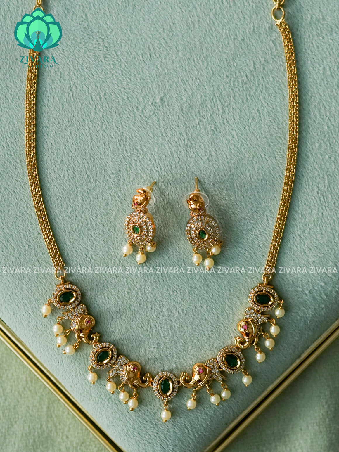 ELEPHANT GREEN STONE KIDS FRIENDLY CHOKER - TRADITIONAL CHOKER COLLECTION - LATEST JEWELLERY COLLECTION