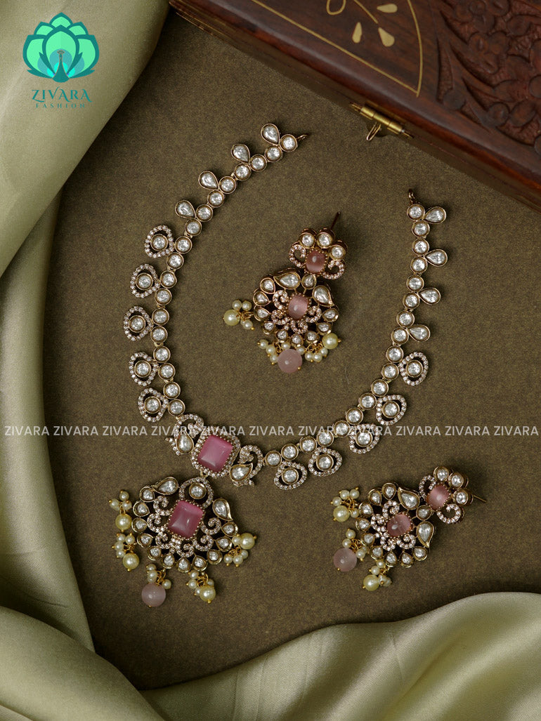 PINK  - KUNDAN  - Ultra premium victoria finish polish trending neckwear collection- bridal collection- Zivara Fashion