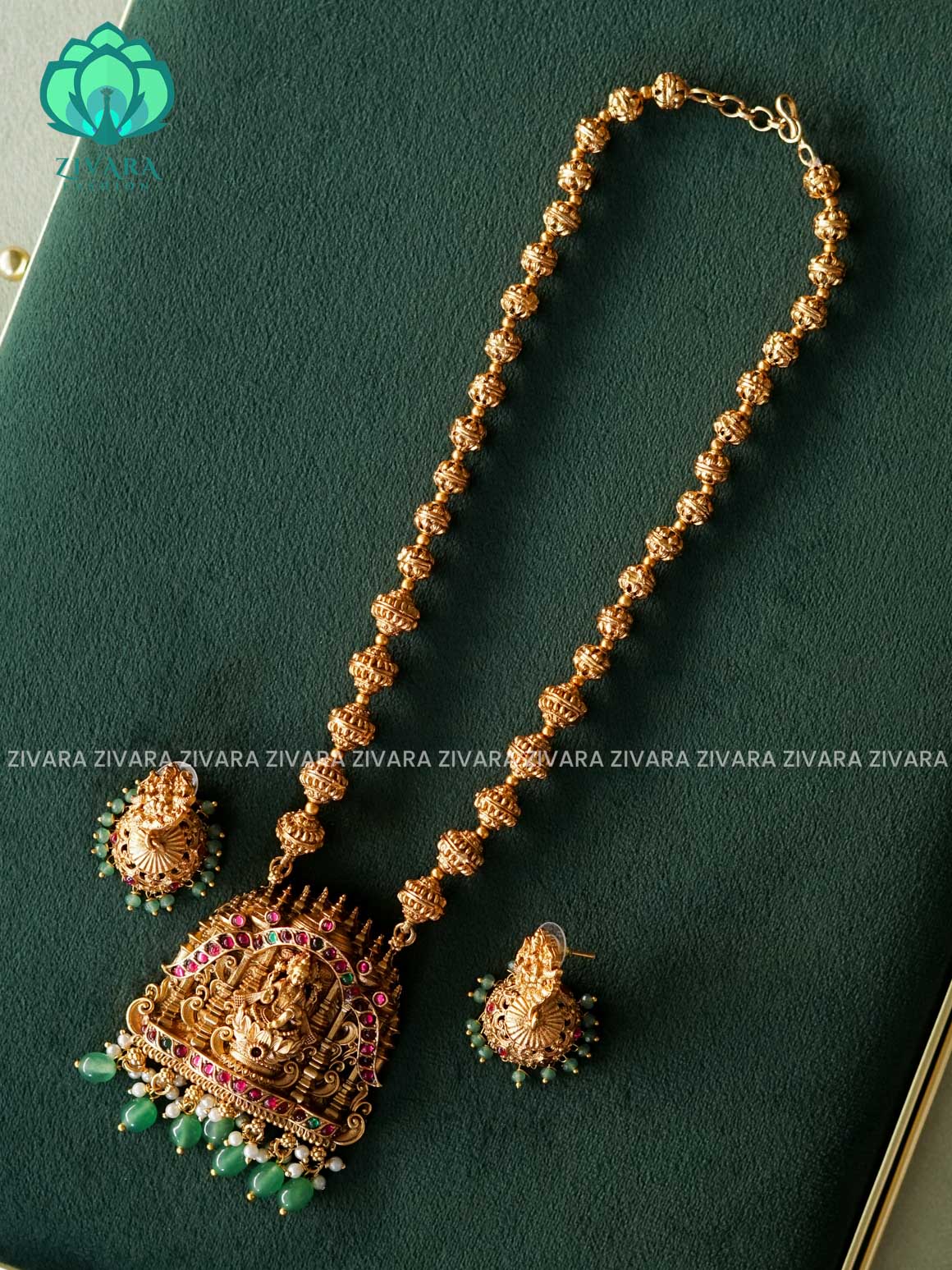 GREEN BEADS AND TEMPLE PENDANT  BALL CHAIN - Traditional NORMAL MATTE polish MIDCHEST haaram/neckwear with earrings- Zivara Fashion