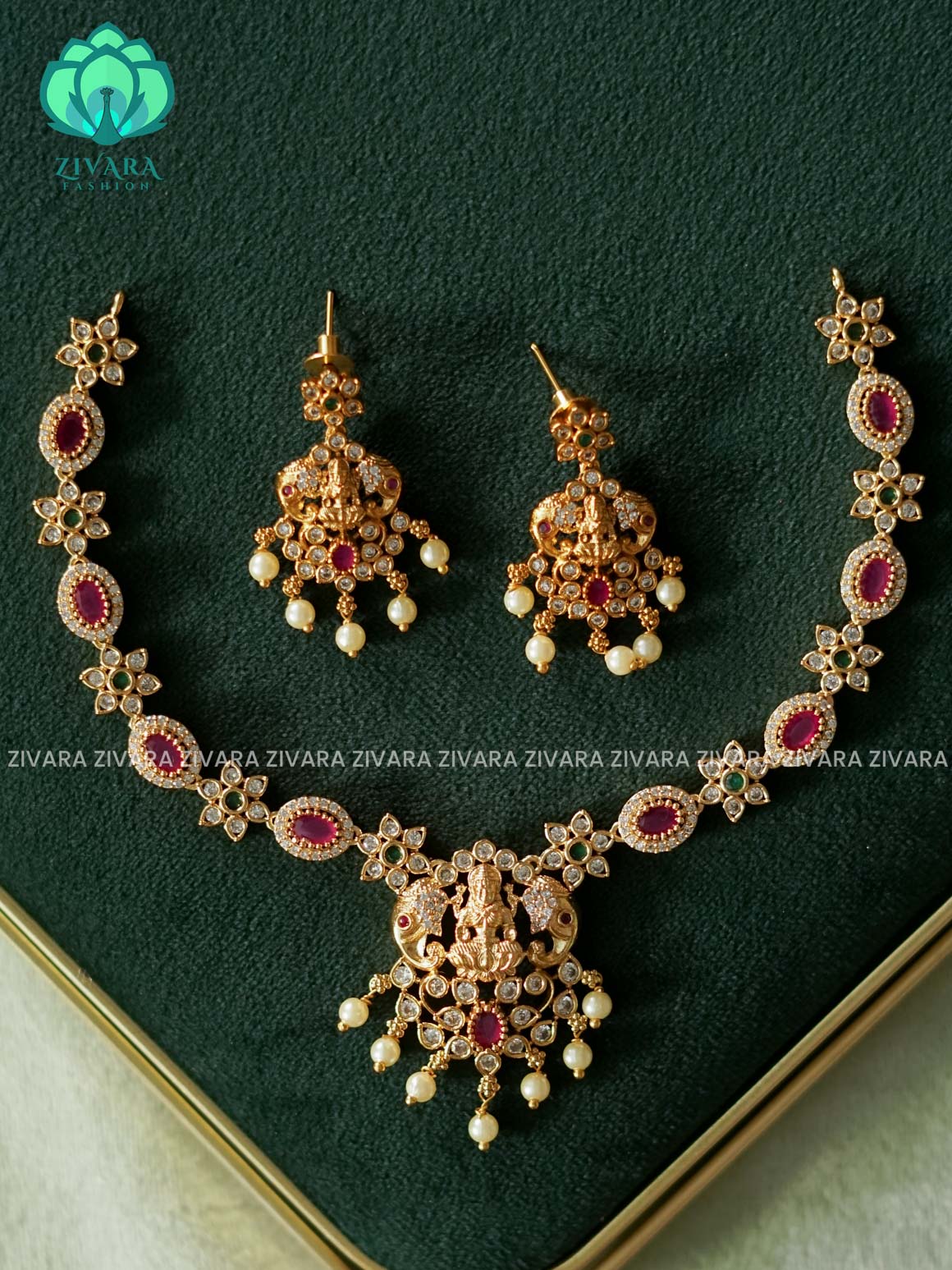 TEMPLE ELEPHANT FLOWER MOTIF KIDS FRIENDLY NECKWEAR HANGINGS -Traditional south indian premium neckwear with earrings- Zivara Fashion- latest jewellery design
