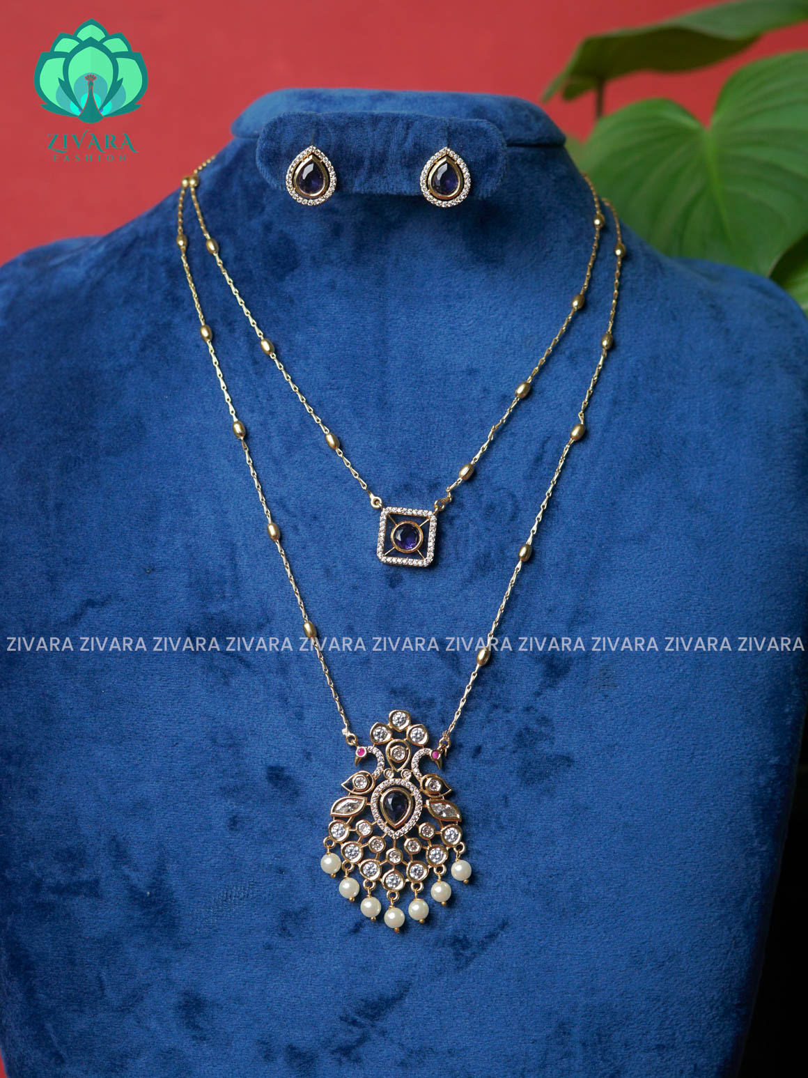 PURPLE- LAYERED PEACOCK PENDANT -Traditional south indian premium neckwear with earrings- Zivara Fashion- latest jewellery design.