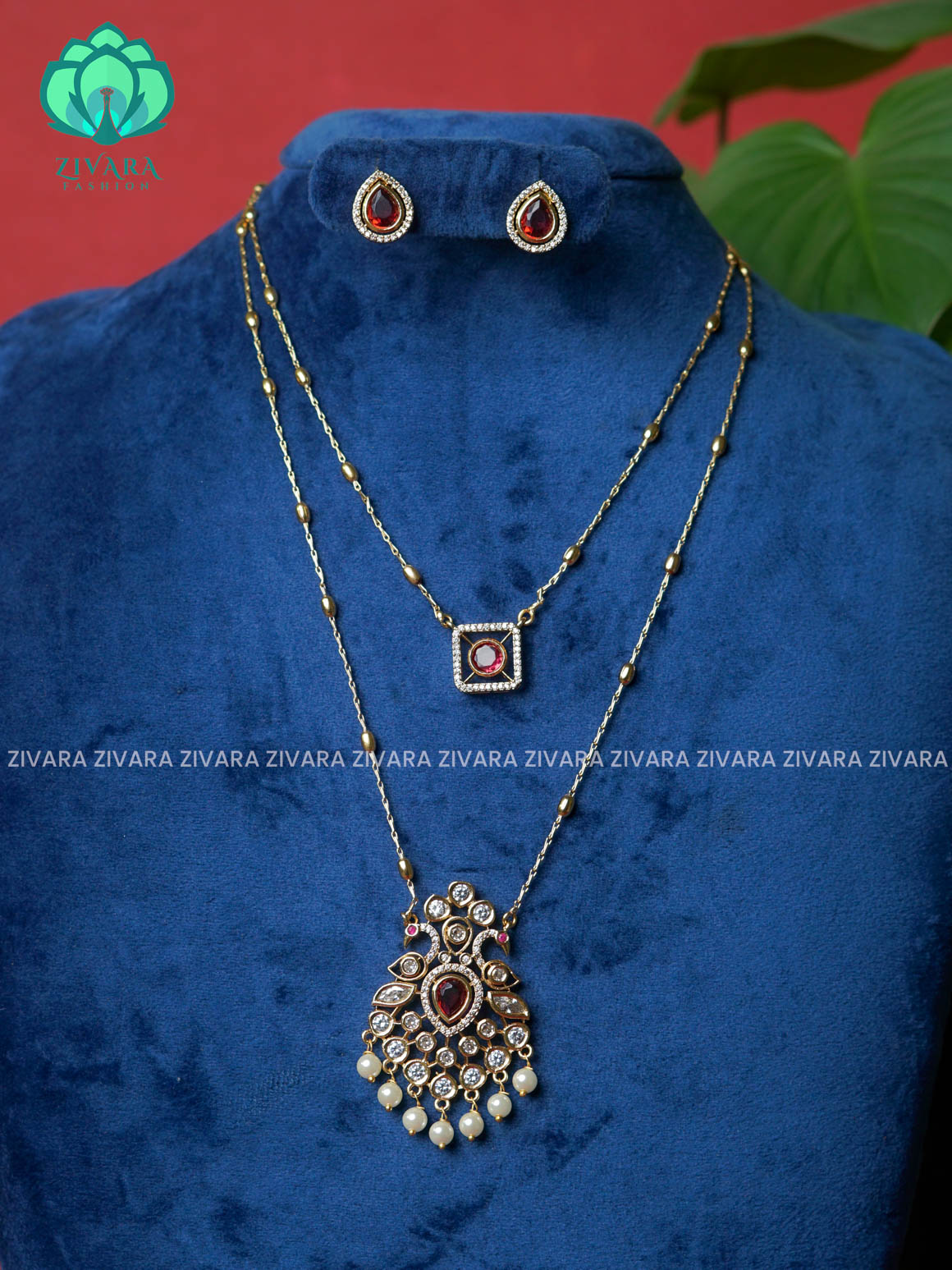 RUBY - LAYERED PEACOCK PENDANT -Traditional south indian premium neckwear with earrings- Zivara Fashion- latest jewellery design.