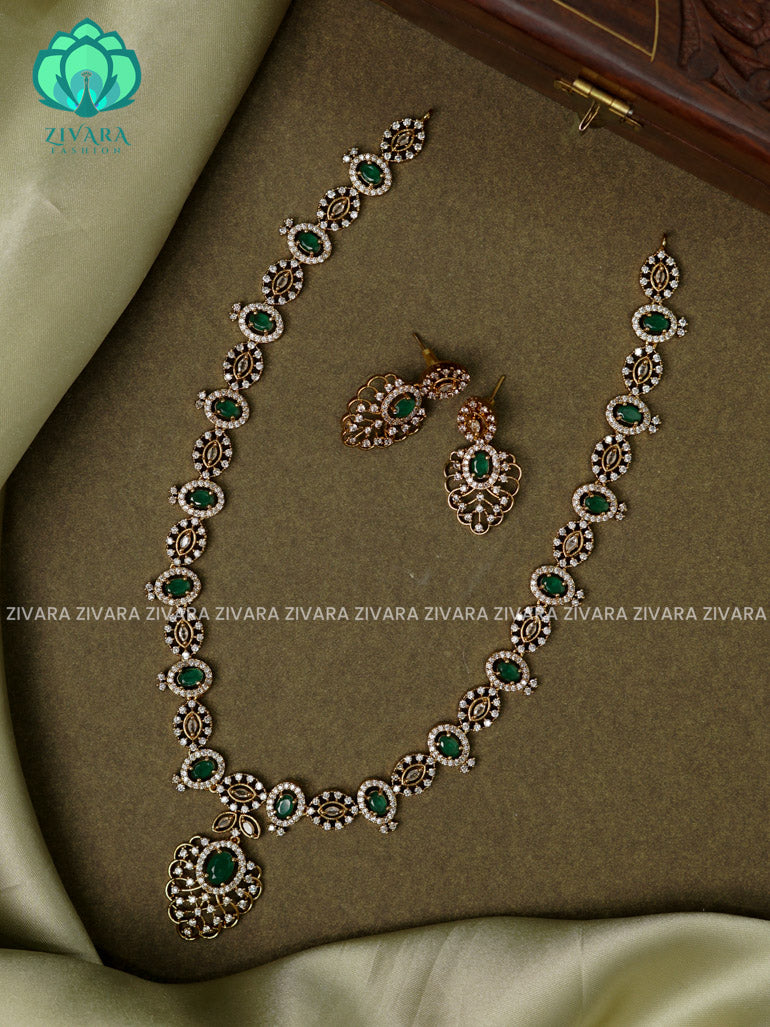 GREEN  - Motif free- Elegant and stylish gold polish MIDCHEST  haaram/neckwear with earrings- Zivara Fashion