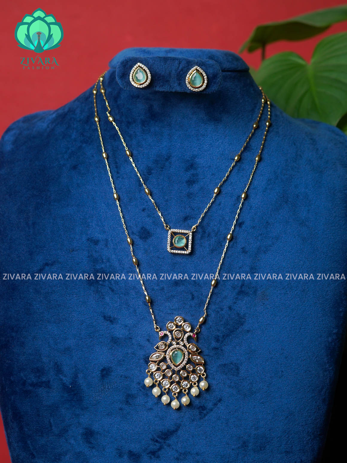 PASTEL GREEN  - LAYERED PEACOCK PENDANT -Traditional south indian premium neckwear with earrings- Zivara Fashion- latest jewellery design.