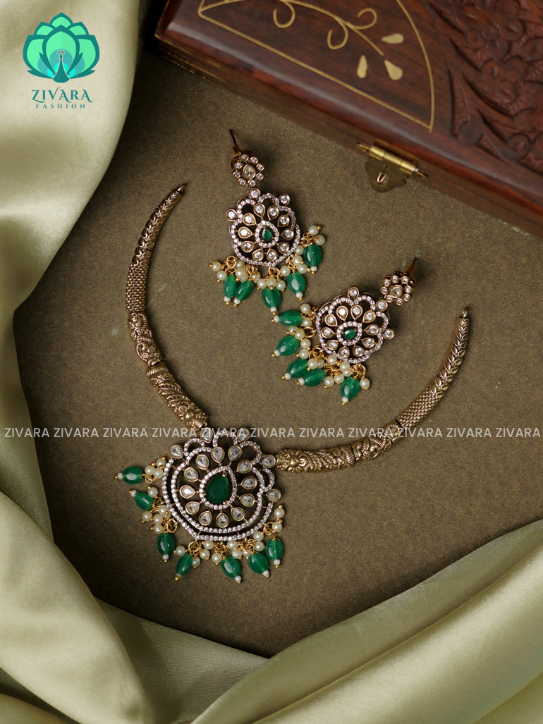 Green - Hasli necklace - Ultra premium victoria finish dark polish trending neckwear collection- bridal collection- Zivara Fashion