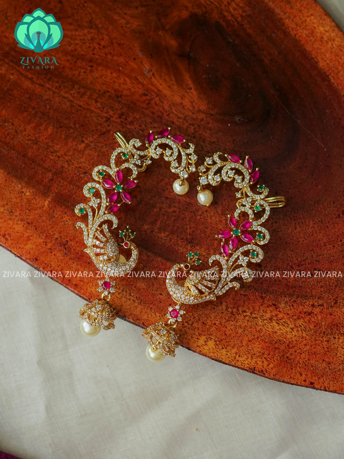 WHITE STONE EARCUFF PEACOCK TRADITIONAL PREMIUM MATTE  polish JHUMKA- latest jewellery collection- zivara fashion