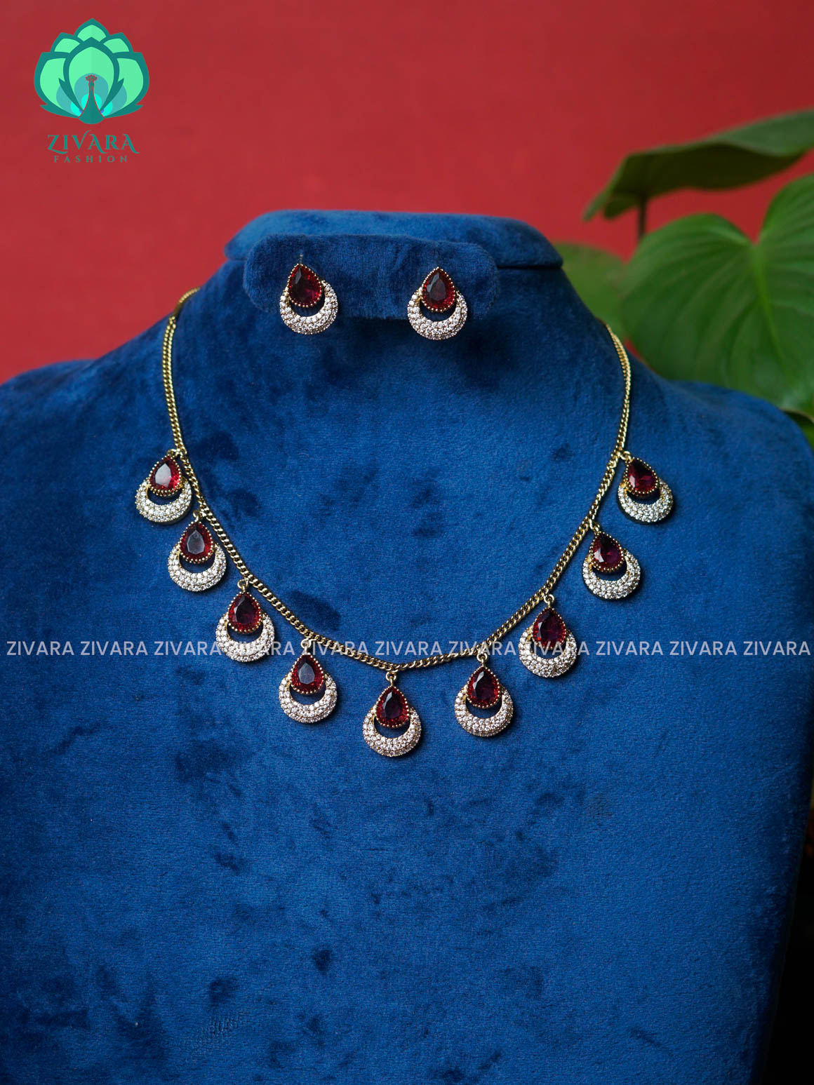 RUBY - VICTORIAN POLISH TEAR HANGING WITH CHAIN  -Traditional south indian premium neckwear with earrings- Zivara Fashion- latest jewellery design.