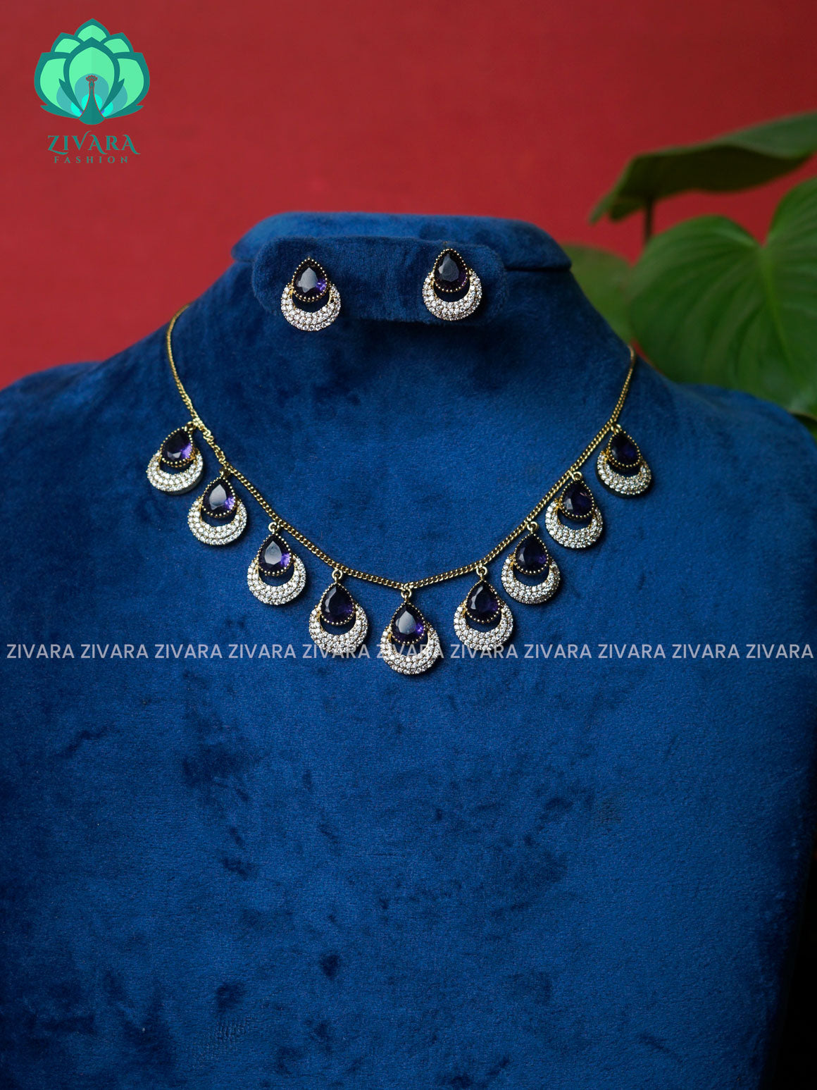 BLUE- VICTORIAN POLISH TEAR HANGING WITH CHAIN  -Traditional south indian premium neckwear with earrings- Zivara Fashion- latest jewellery design.