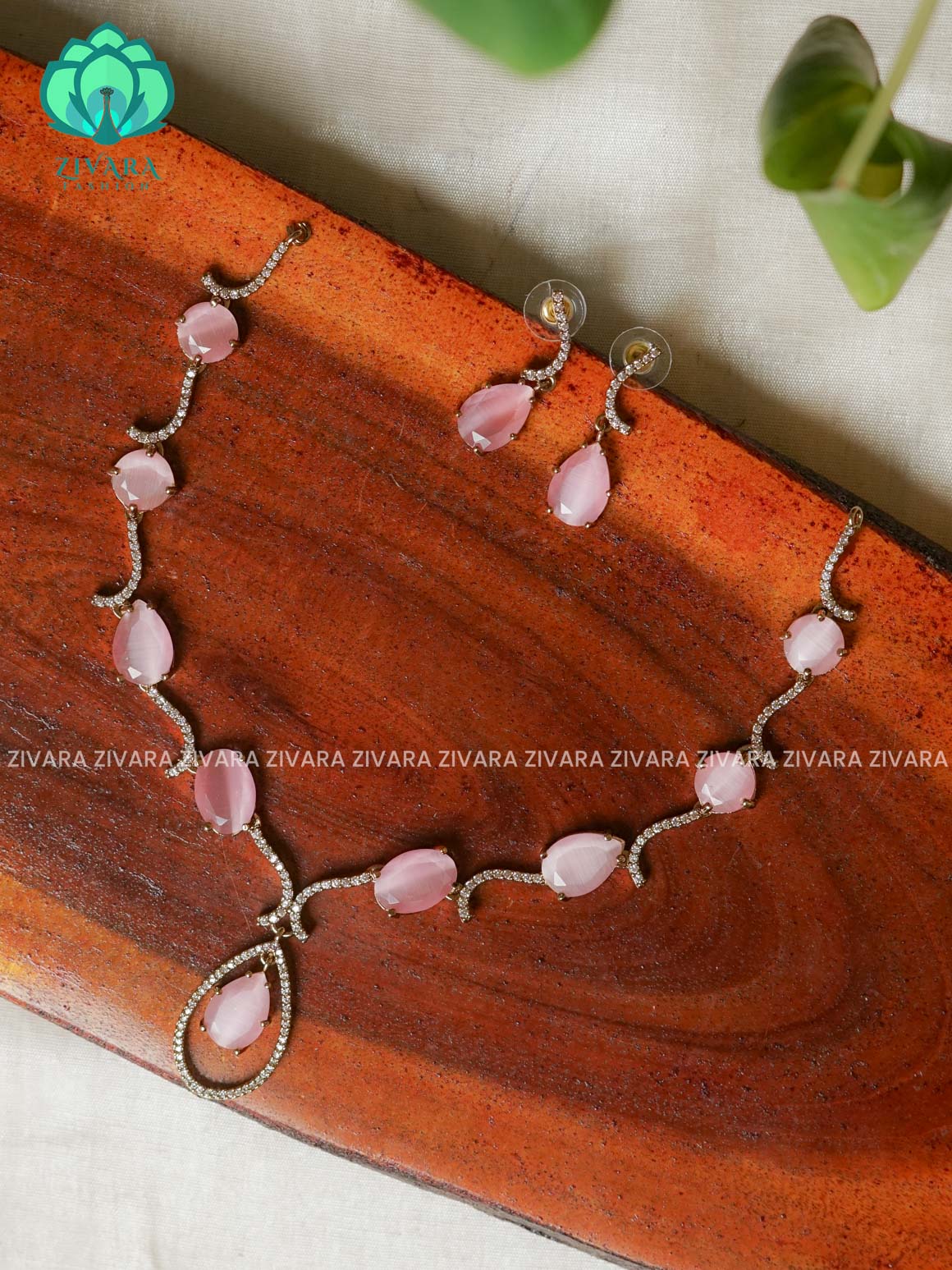 PASTEL PINK - SIMPLE BIG STONE-  Ultra premium victoria finish SUBTLE GOLD  polish trending neckwear collection- bridal collection- Zivara Fashion