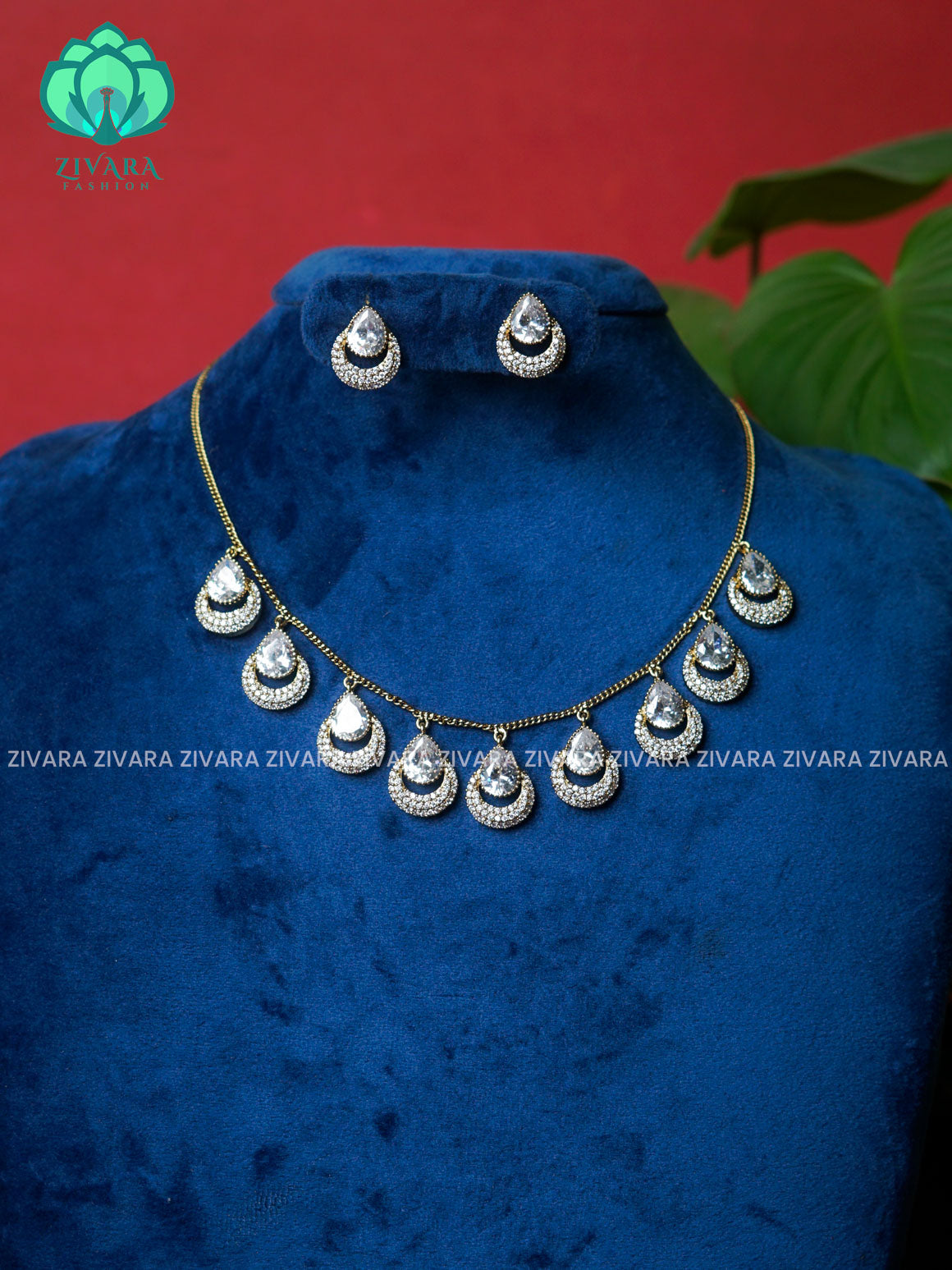 WHITE  - VICTORIAN POLISH TEAR HANGING WITH CHAIN  -Traditional south indian premium neckwear with earrings- Zivara Fashion- latest jewellery design.