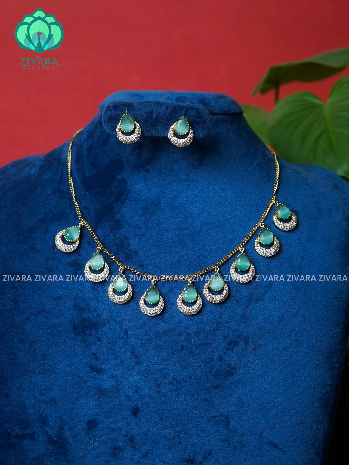 PASTEL GREEN - VICTORIAN POLISH TEAR HANGING WITH CHAIN  -Traditional south indian premium neckwear with earrings- Zivara Fashion- latest jewellery design