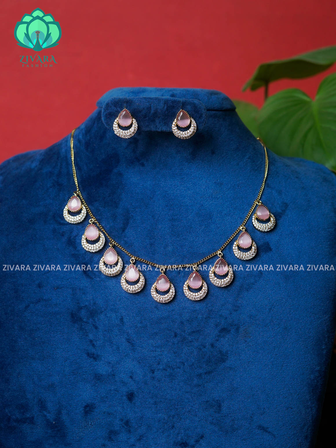 PINK - VICTORIAN POLISH TEAR HANGING WITH CHAIN  -Traditional south indian premium neckwear with earrings- Zivara Fashion- latest jewellery design