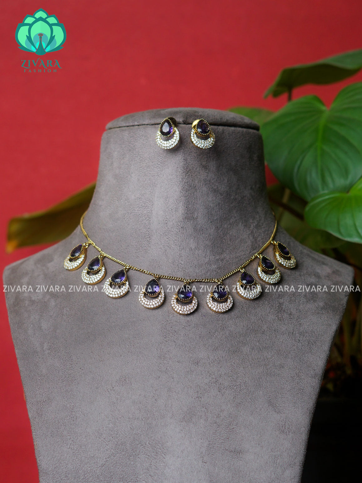 PURPLE- VICTORIAN POLISH TEAR HANGING WITH CHAIN  -Traditional south indian premium neckwear with earrings- Zivara Fashion- latest jewellery design.