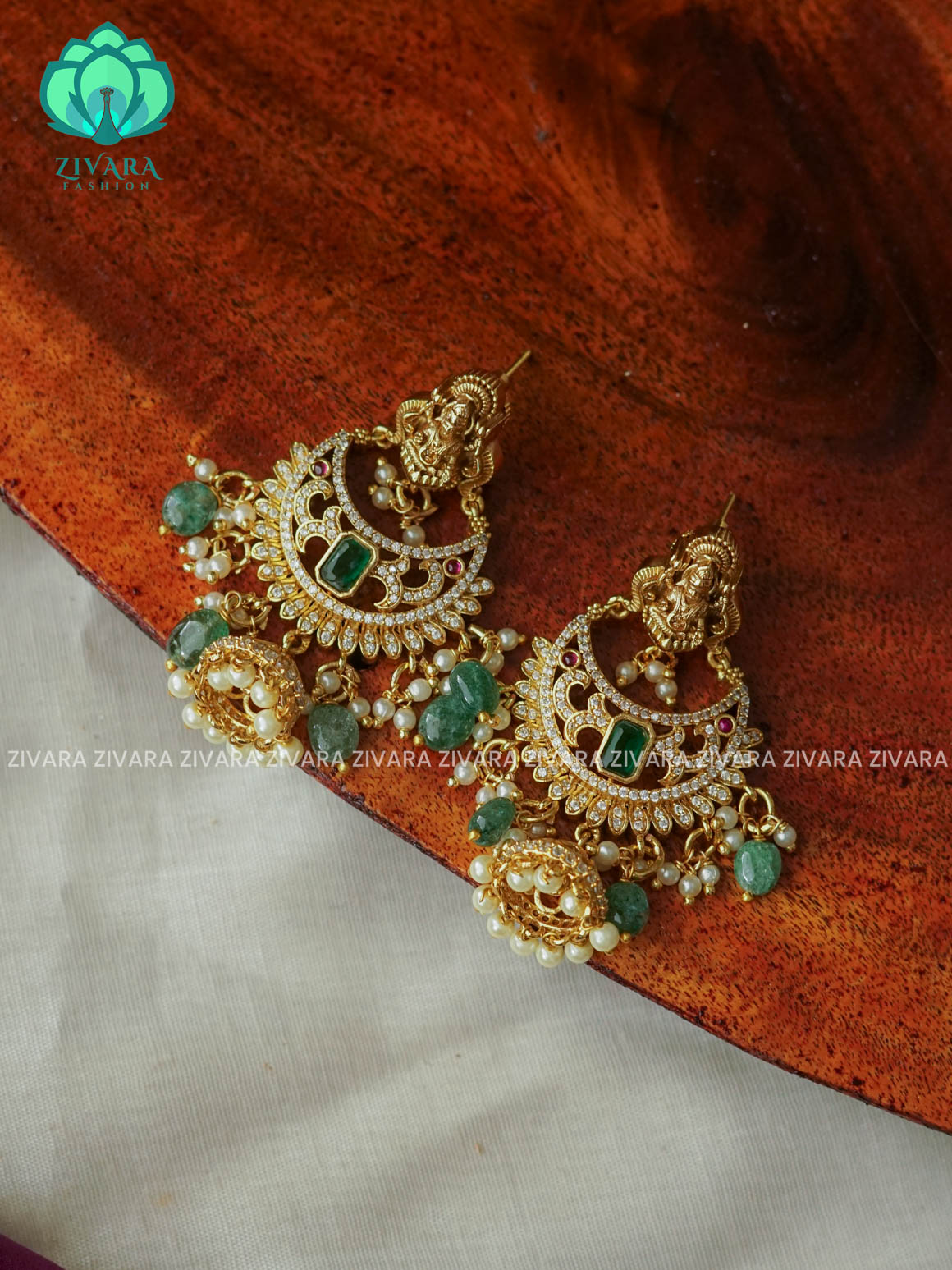 GREEN STONE BIG SIZE BALI  - TRADITIONAL PREMIUM MATTE  polish JHUMKA- latest jewellery collection- zivara fashion