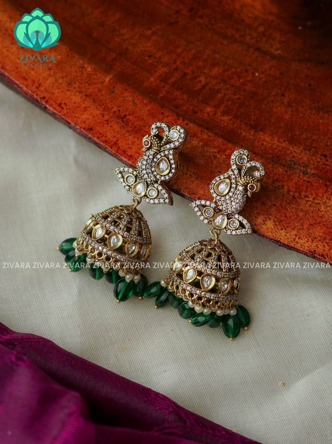 Dark green  - Peacock Victoria dark finish  stone medium size jhumka (3 INCHES) - TRADITIONAL PREMIUM  JHUMKA- latest jewellery collection- zivara fashion