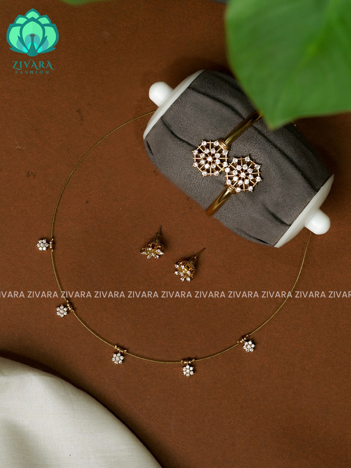 WHITE STONE - COMBO OF STAR TAMARA INVISIBLE MINIMAL ELEGANT HANDMADE NECKLACE WITH BRILLIANT FINISH MOTIFS WITH EARRINGS AND BRACELET - ZIVARA FASHION