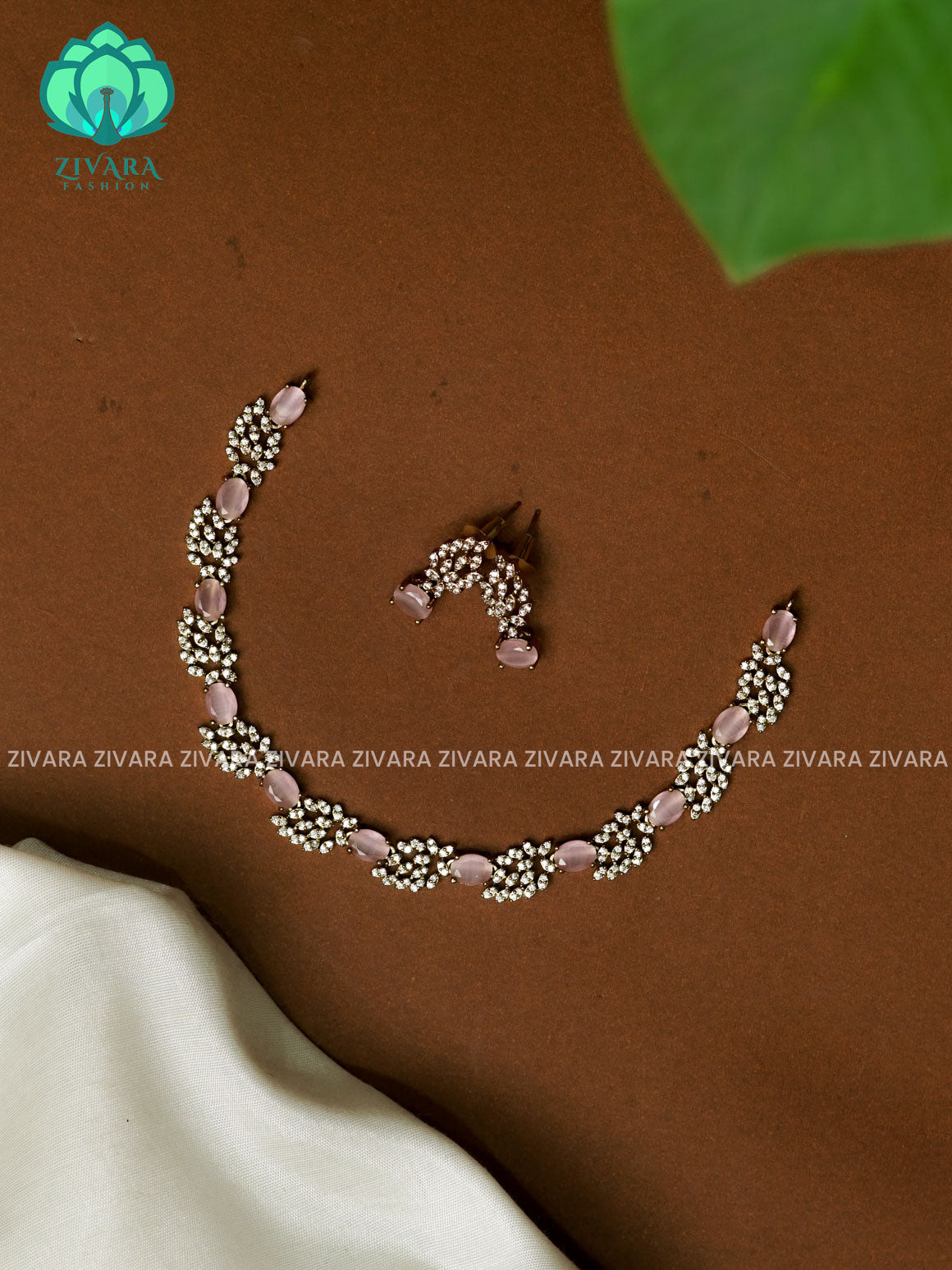 PASTEL PINK- LEAF CLUSTER  SUBTLE GOLD FINISH  - stylish and minimal elegant neckwear with earrings- Zivara FashioN