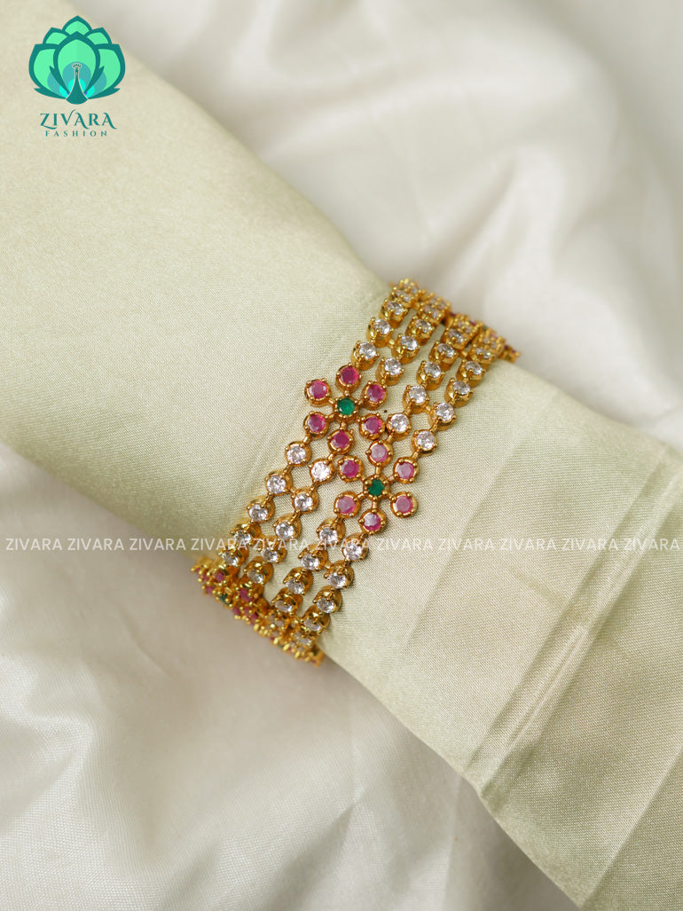 2 PIECE designer WHITE AND RUBY STONE    -Premium GOLD FINISH bangles- latest jewellery collection- Zivara Fashion