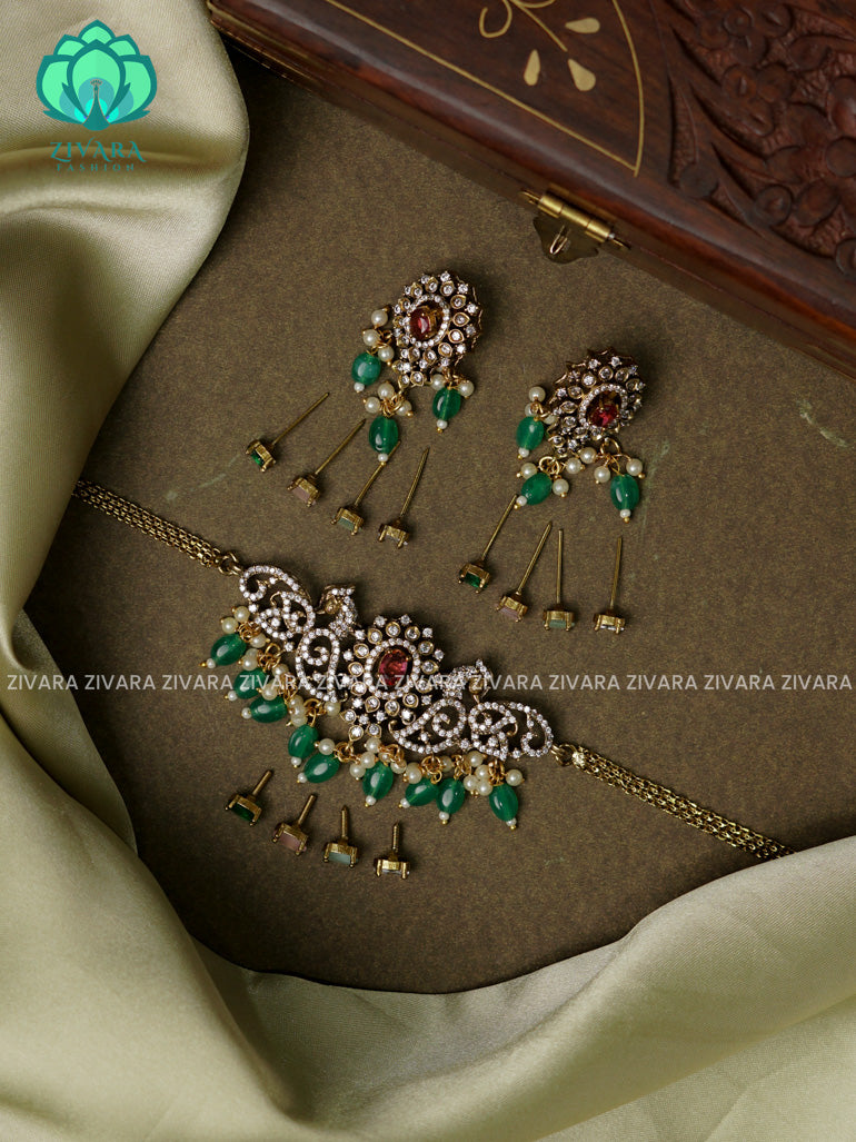 GREEN  BEADS Interchangable hotselling VICTORIA CHOKER with earrings - latest pocket friendly south indian jewellery collection