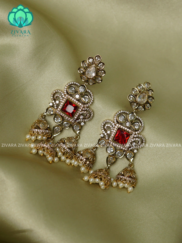 RUBY - BIG SIZE TRIPLE JHUMKA- TRADITIONAL PREMIUM MATTE  polish JHUMKA- latest jewellery collection- zivara fashion