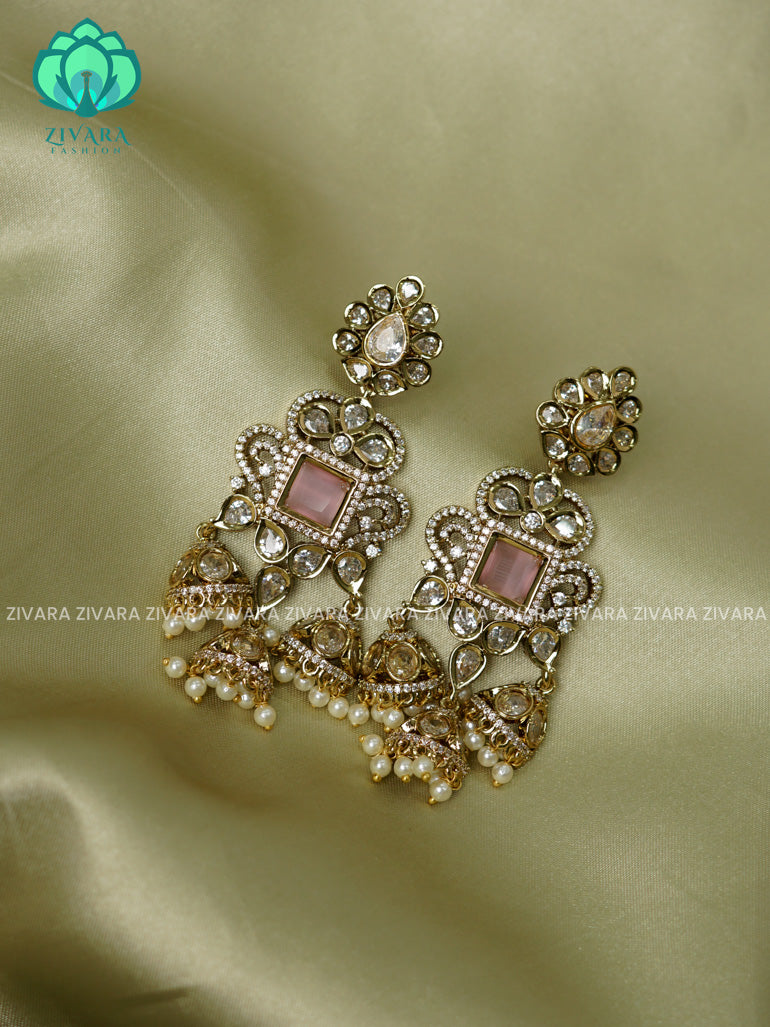 PASTEL PINK - BIG SIZE TRIPLE JHUMKA- TRADITIONAL PREMIUM MATTE  polish JHUMKA- latest jewellery collection- zivara fashion