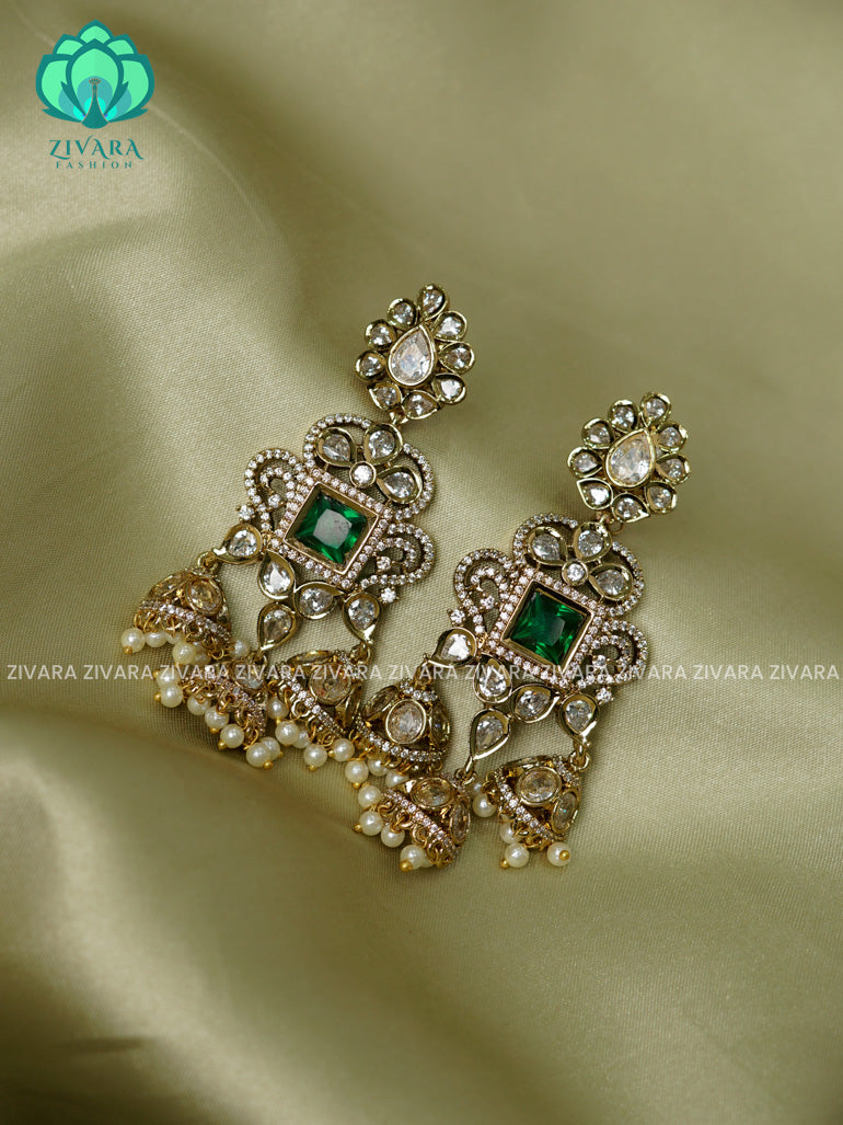 GREEN - BIG SIZE TRIPLE JHUMKA- TRADITIONAL PREMIUM MATTE  polish JHUMKA- latest jewellery collection- zivara fashion