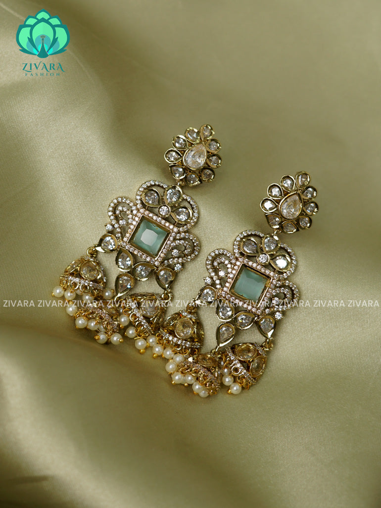 PASTEL GREEN - BIG SIZE TRIPLE JHUMKA- TRADITIONAL PREMIUM MATTE  polish JHUMKA- latest jewellery collection- zivara fashion