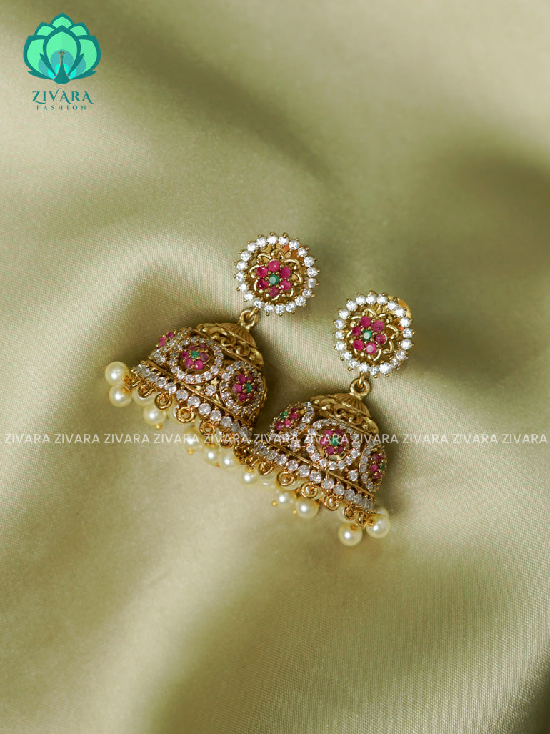 RUBY AND GREEN- BRIDAL AD JHUMKA  TRADITIONAL PREMIUM MATTE  polish JHUMKA- latest jewellery collection- zivara fashion