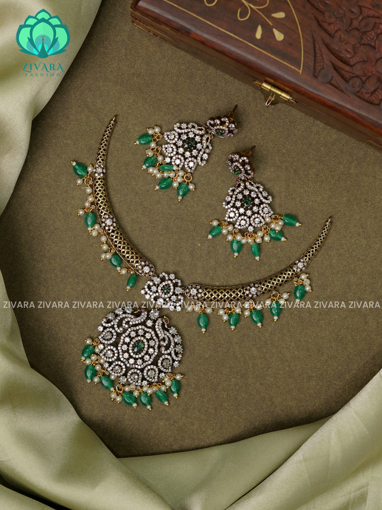 GREEN- HASLI -Traditional south indian premium neckwear with earrings- Zivara Fashion- latest jewellery design