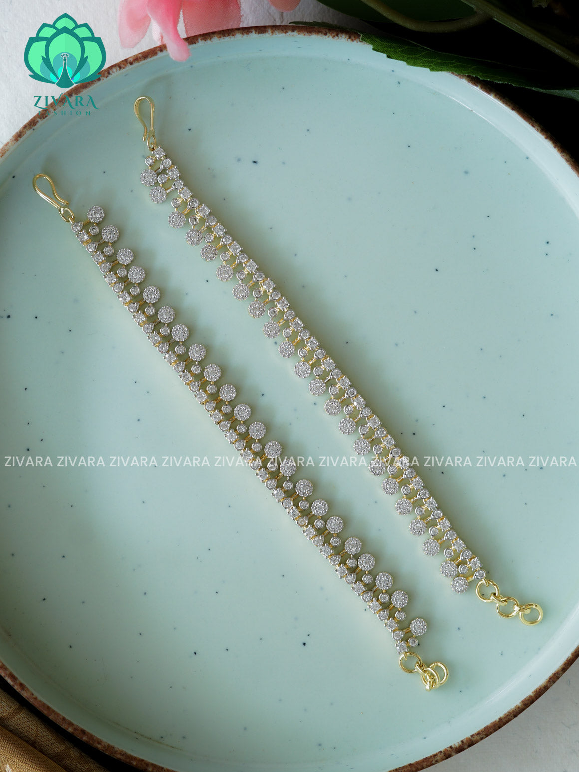 Rhodium dual polish straight premium finish bridal earchain maatal- south indian kemp bridal accessory