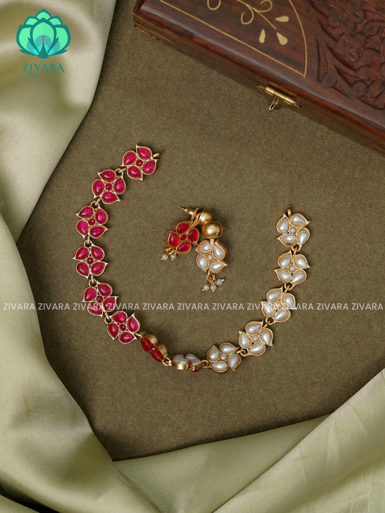 PEARL AND RUBY - DOUBLE SIDE -Traditional south indian NORMAL MATTE neckwear with earrings- Zivara Fashion- latest jewellery design.