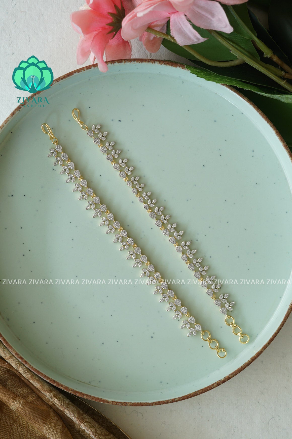 Rhodium dual polish straight premium finish bridal earchain maatal- south indian kemp bridal accessory