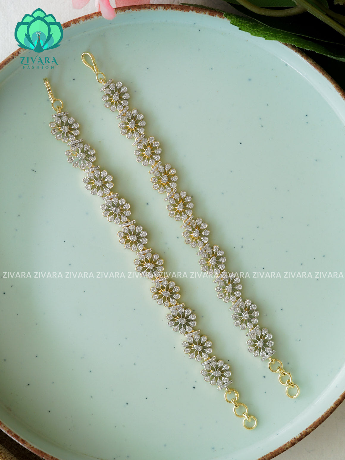 Rhodium dual polish straight premium finish bridal earchain maatal- south indian kemp bridal accessory