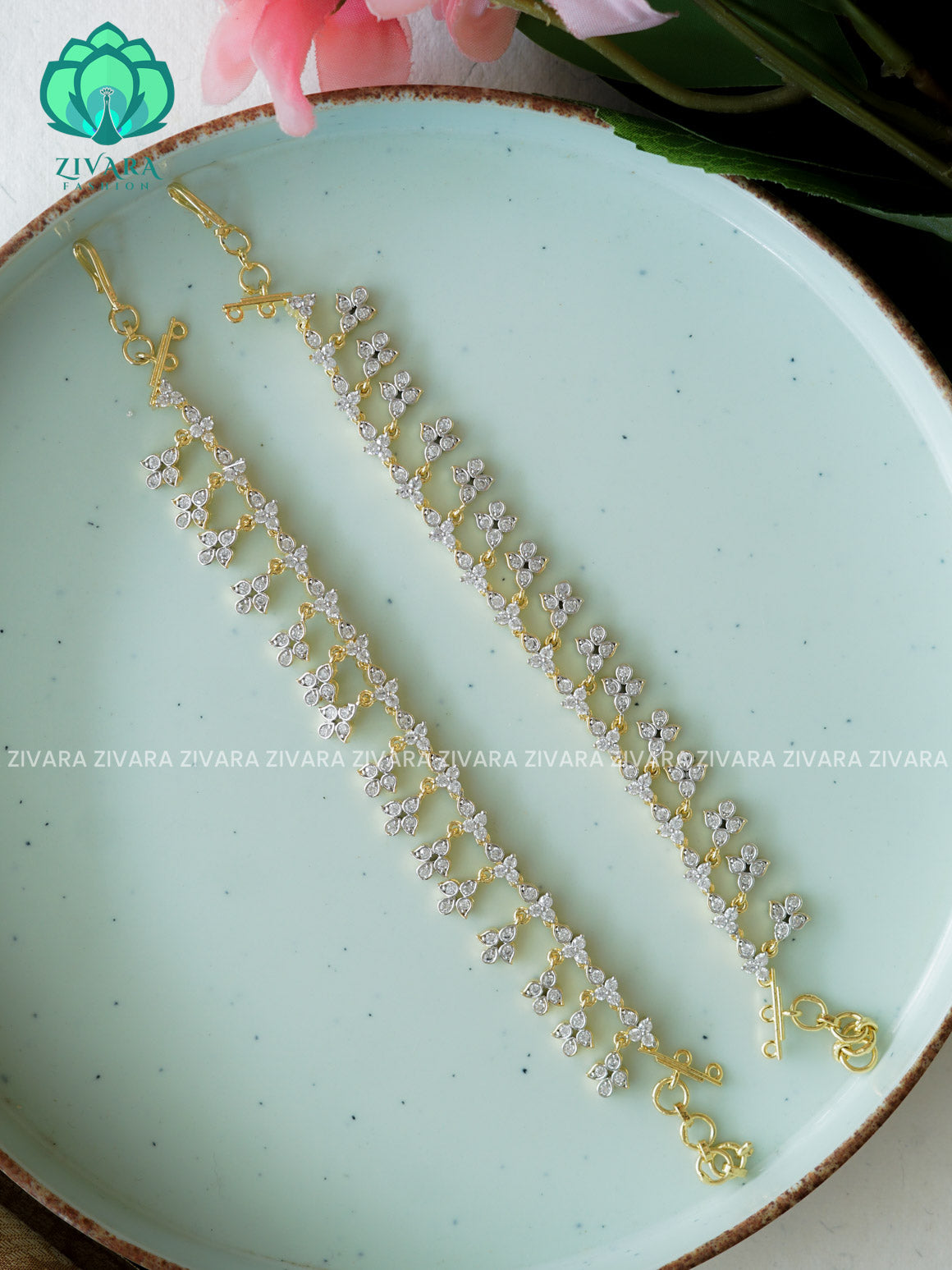 Rhodium dual polish straight premium finish bridal earchain maatal- south indian kemp bridal accessory