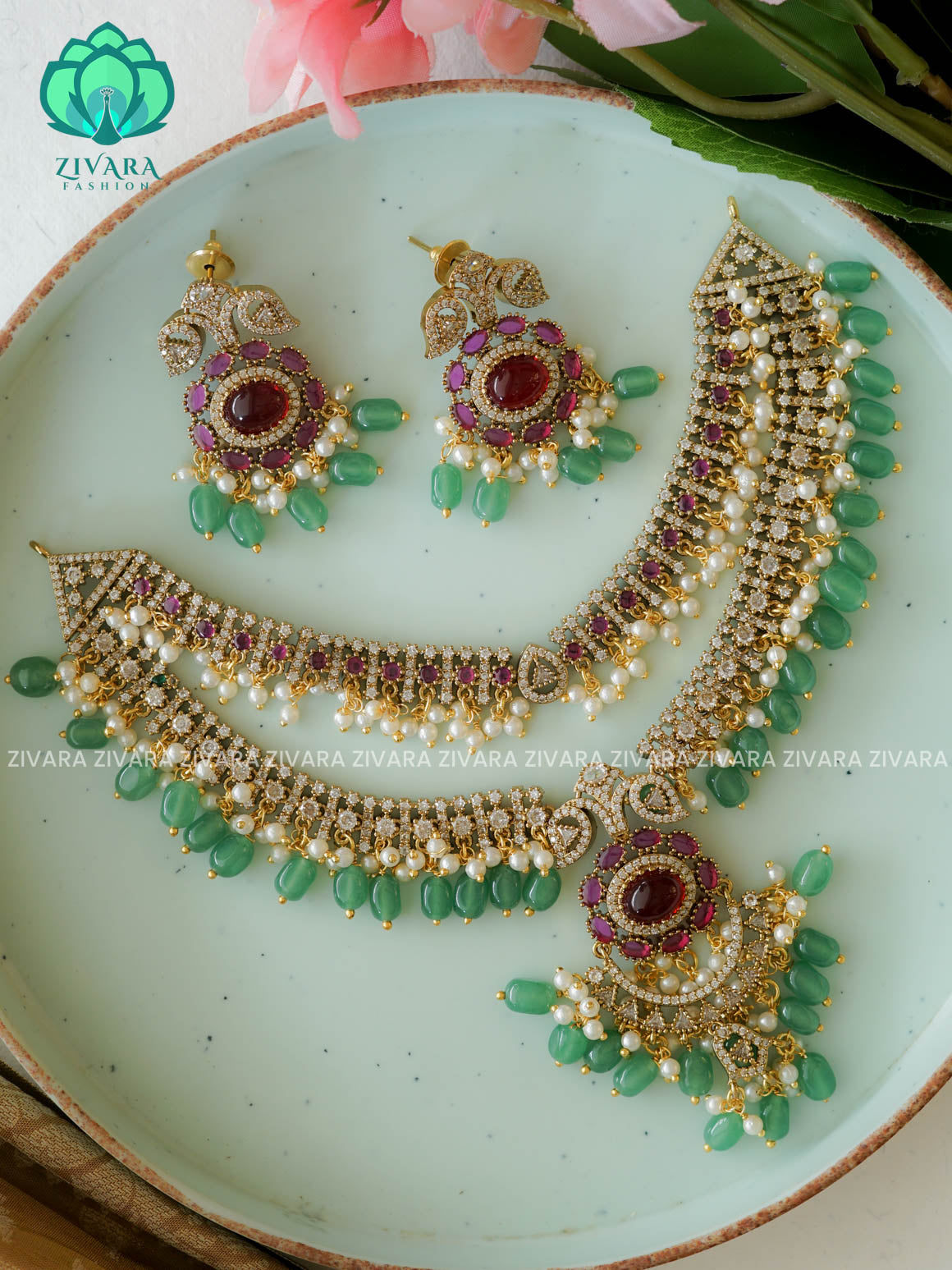 EXUBERANT BRIDAL REAL KEMP NECK WEAR WITh EARRINGS   - Premium quality CZ Matte collection-south indian jewellery