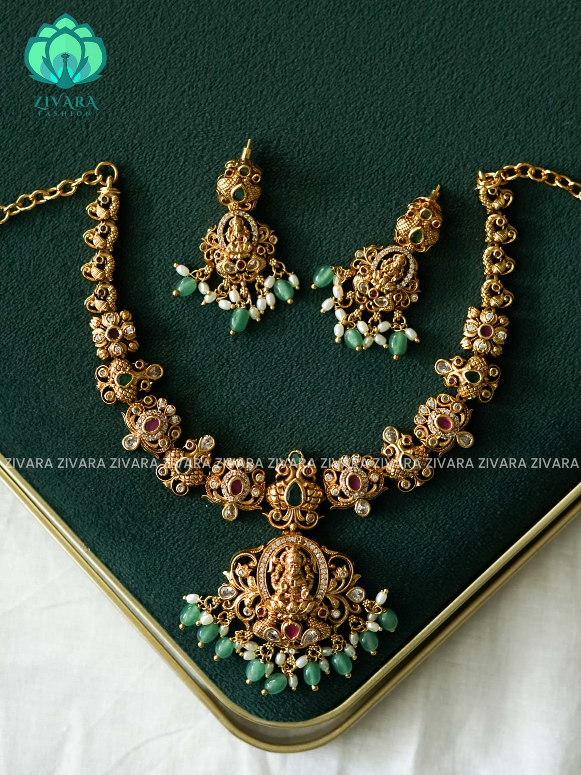 AKSHAYAM - TEMPLE BRIDAL  neckwear with green beads hangings with earrings- Zivara Fashion