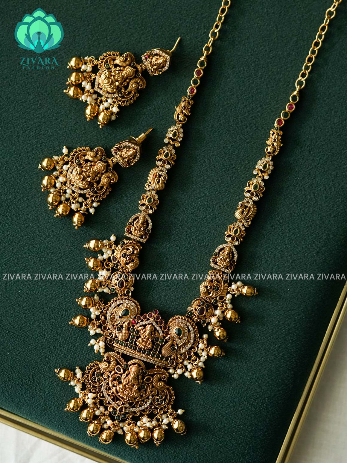 Akshayam-  temple neckwear with gold beads hangings  - Traditional south indian premium neckwear with earrings- Zivara Fashion- latest jewellery design