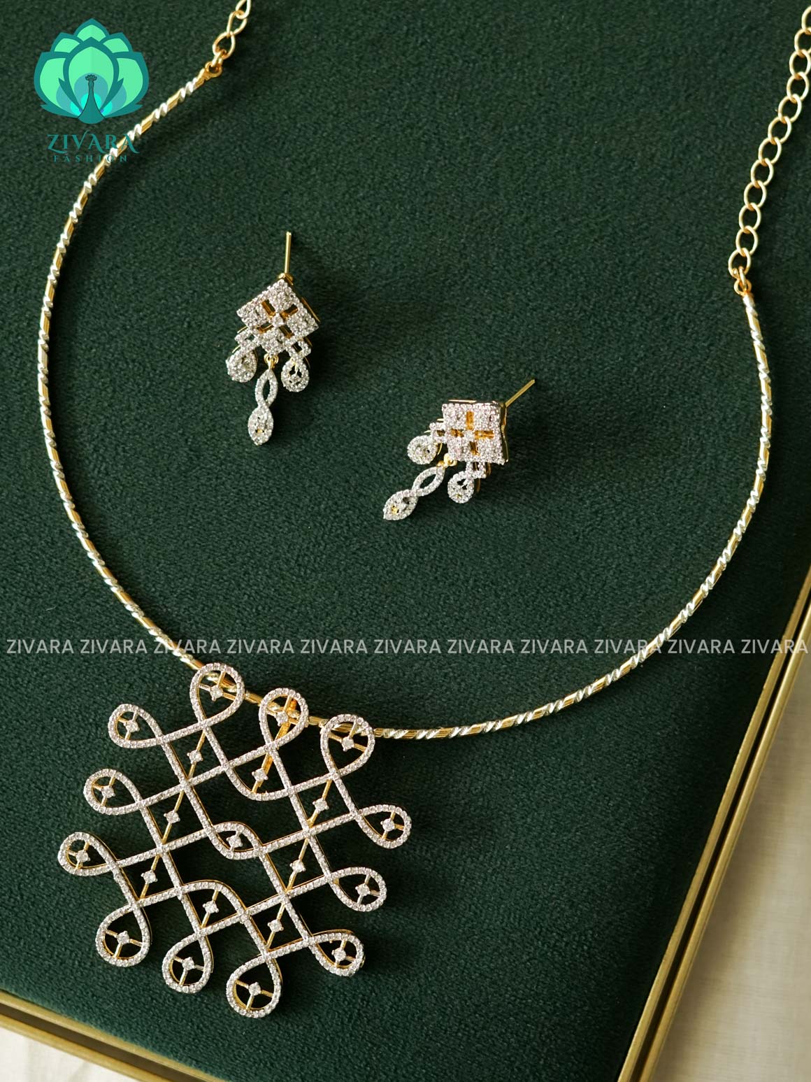 KOLAM PREMIUM HASLI  - Traditional PREMIUM rhodium polish neckwear With earrings- Zivara Fashion