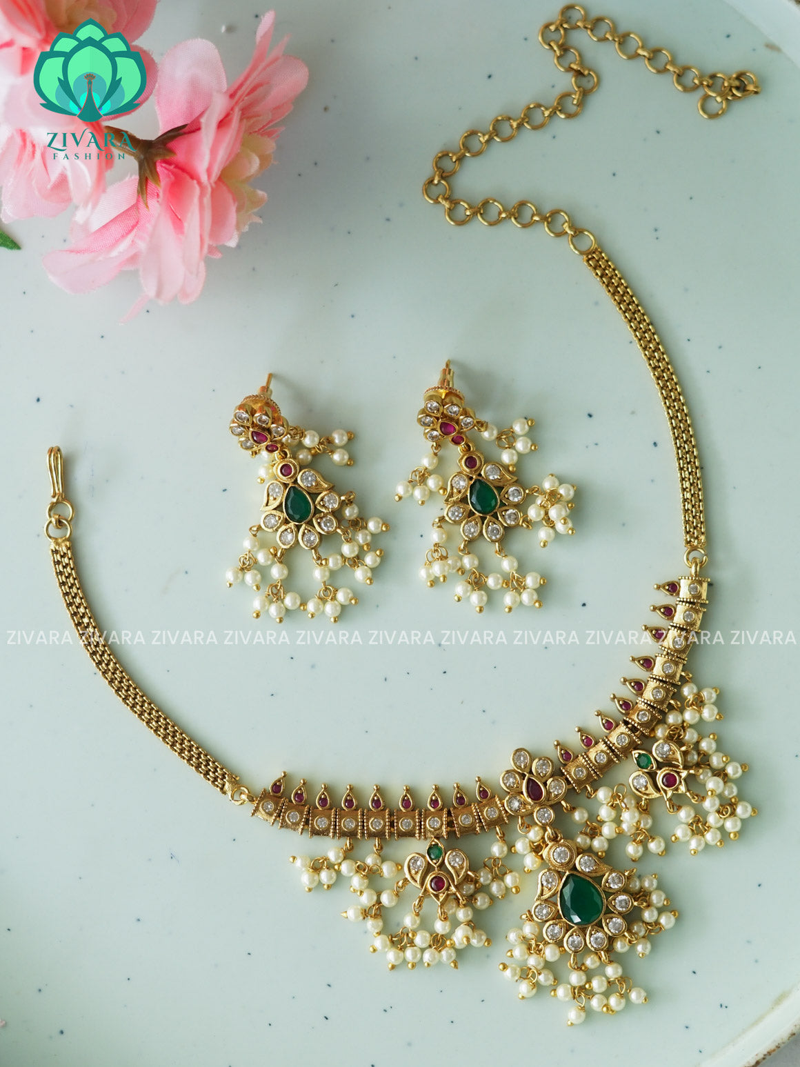 Traditional guttapusalu choker- CZ matte finish- Zivara Fashion